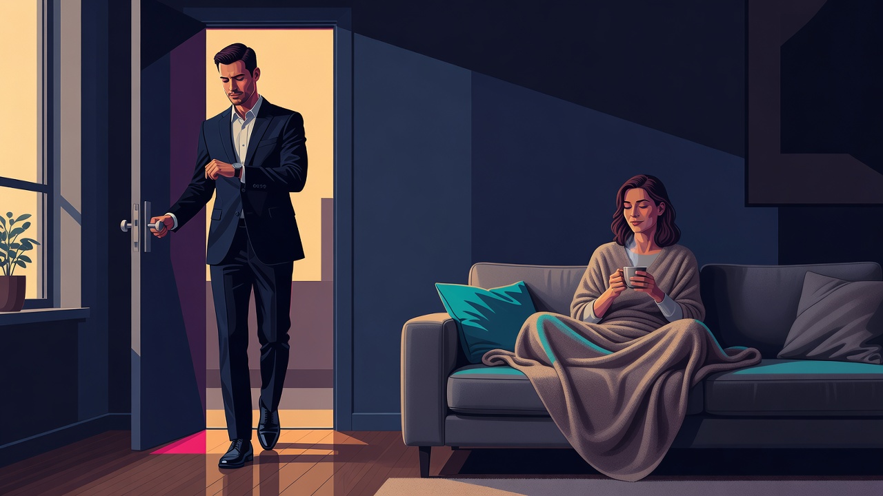 One partner heading out for the night while the other stays settled on the couch under a blanket