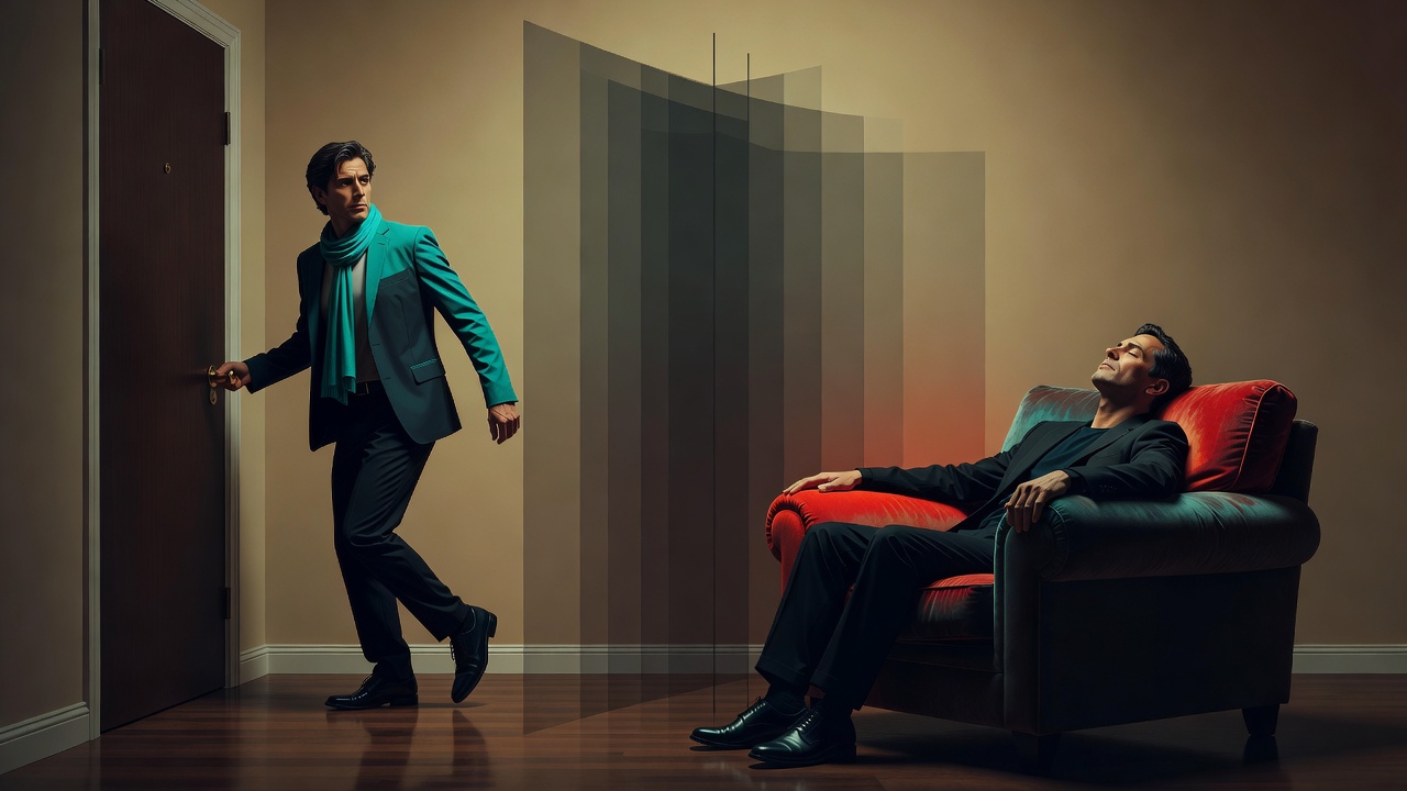 One partner by the door ready to go out, the other settled unmoved deep in an armchair