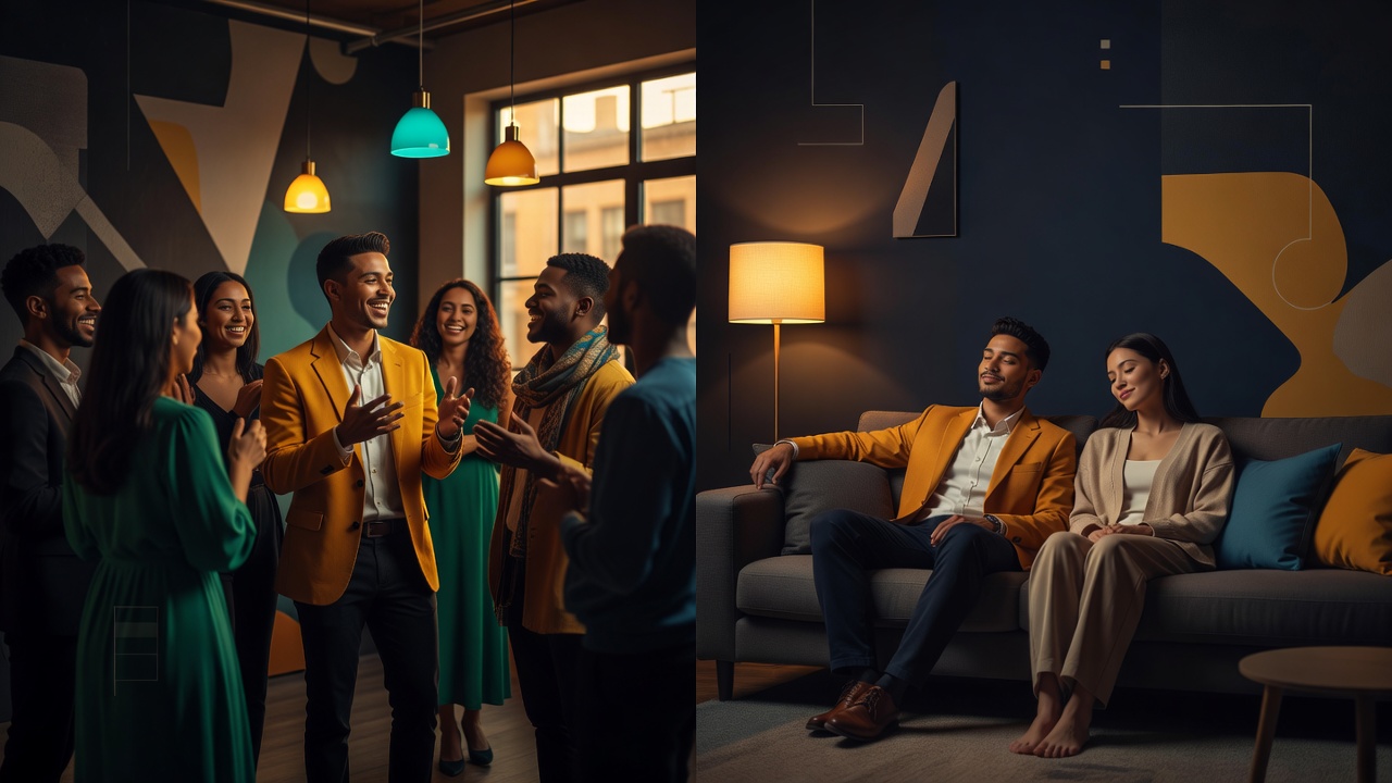 A person warm and animated in a social setting, then quietly at ease in silence with their partner at home