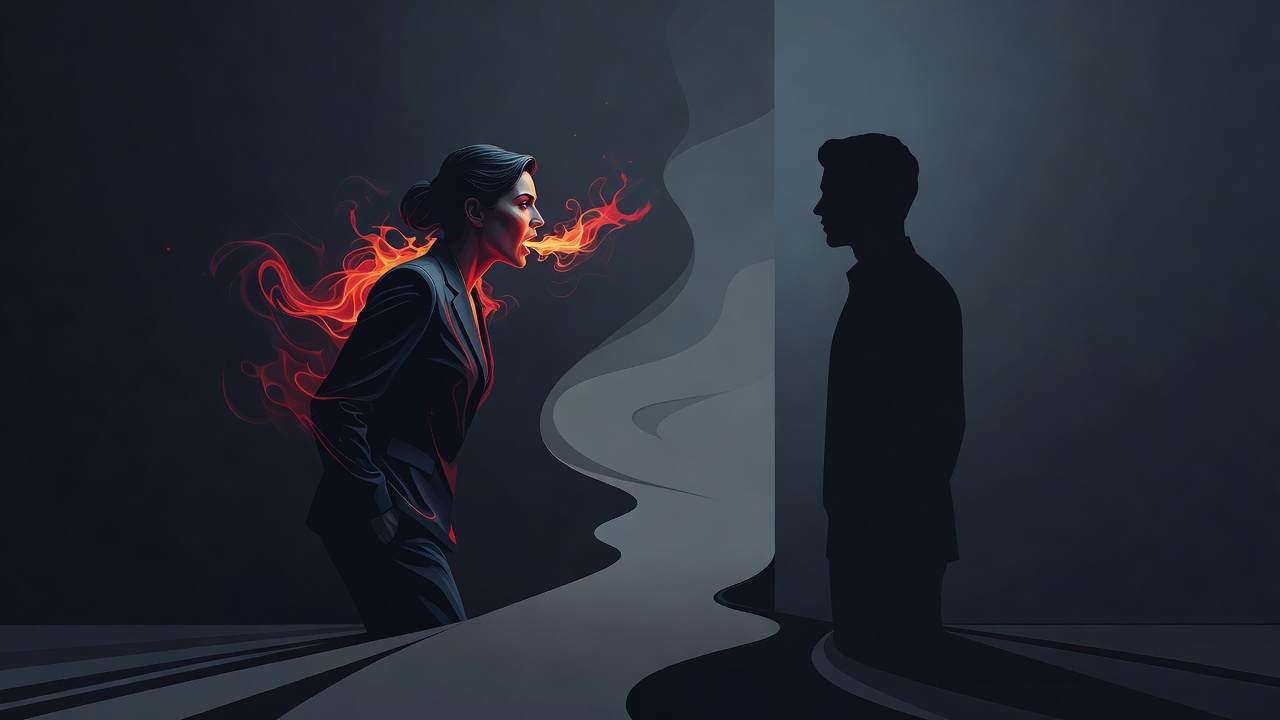 One partner speaking with visible heat while the other sits perfectly still and flat, the space widening