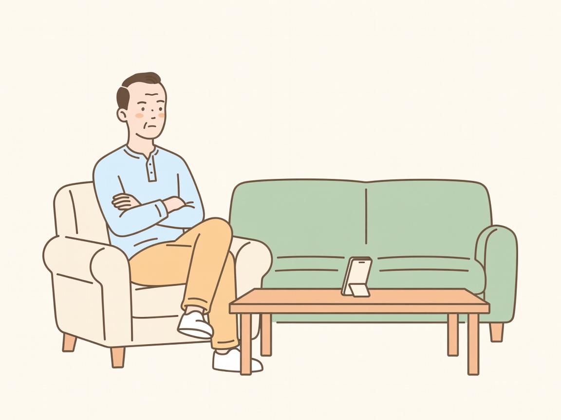 A man sitting with arms folded, watching a phone lying face-up on the coffee table
