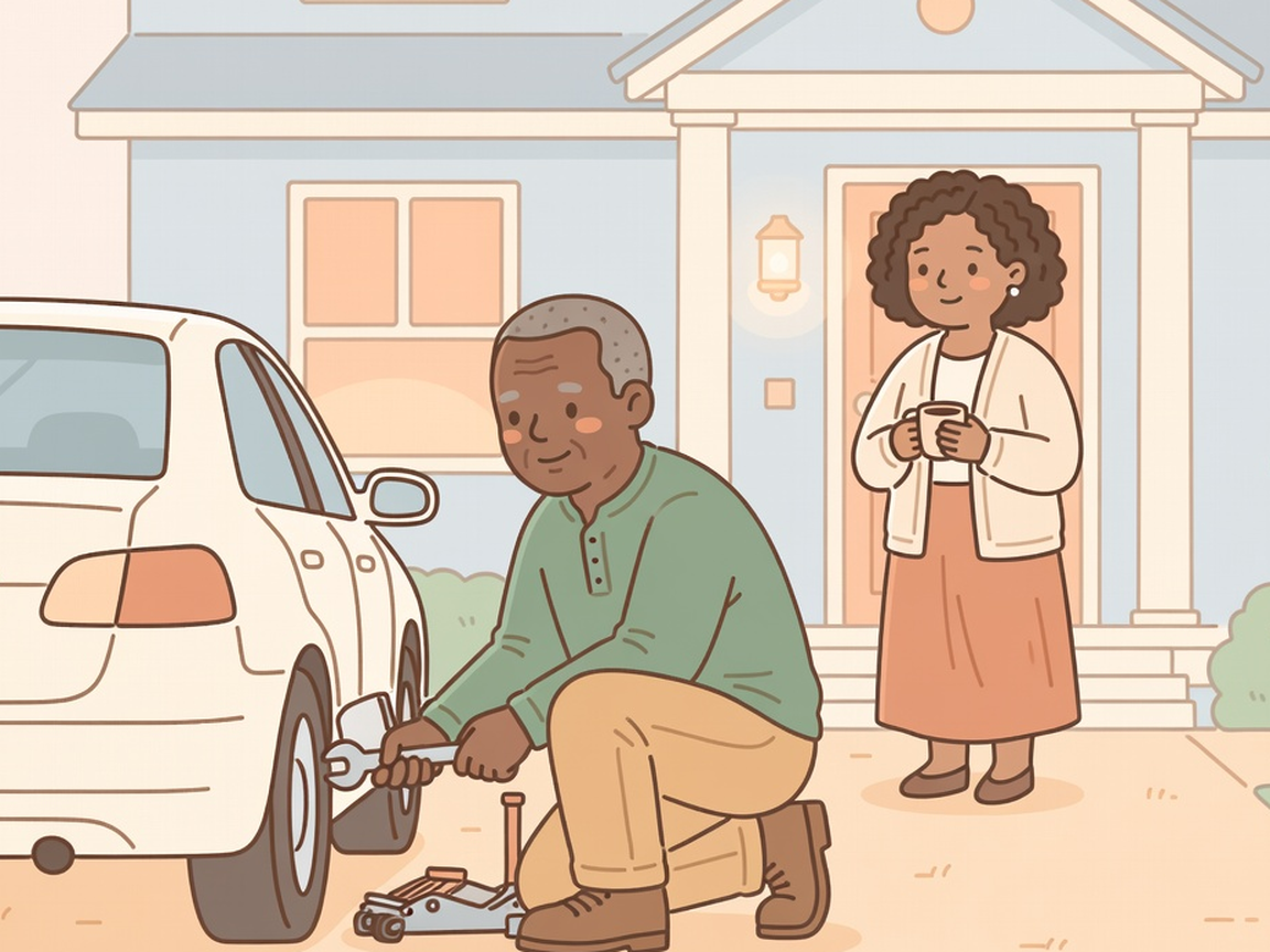 A man fixing a car tire at night while his wife watches from the lit doorway