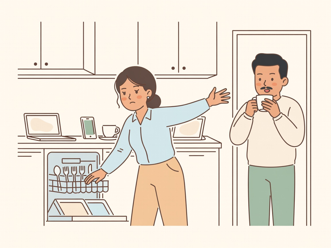 A woman mid-outburst at an open dishwasher while her partner freezes in the doorway