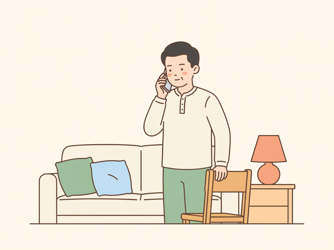 A man lowering a phone from his ear, steadying himself on the back of a chair