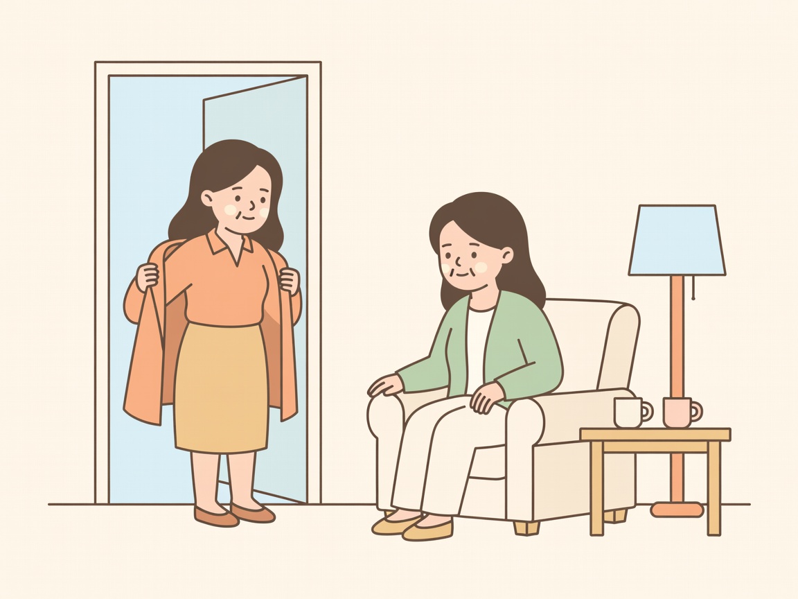 A woman arriving with a faded smile while her friend leans forward from the couch, already worried