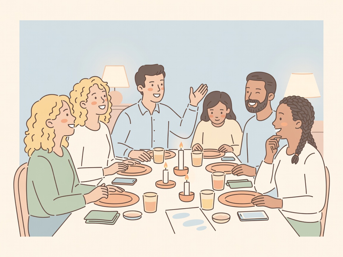 A lively dinner table where one man holds court while the guest beside him has gone quiet