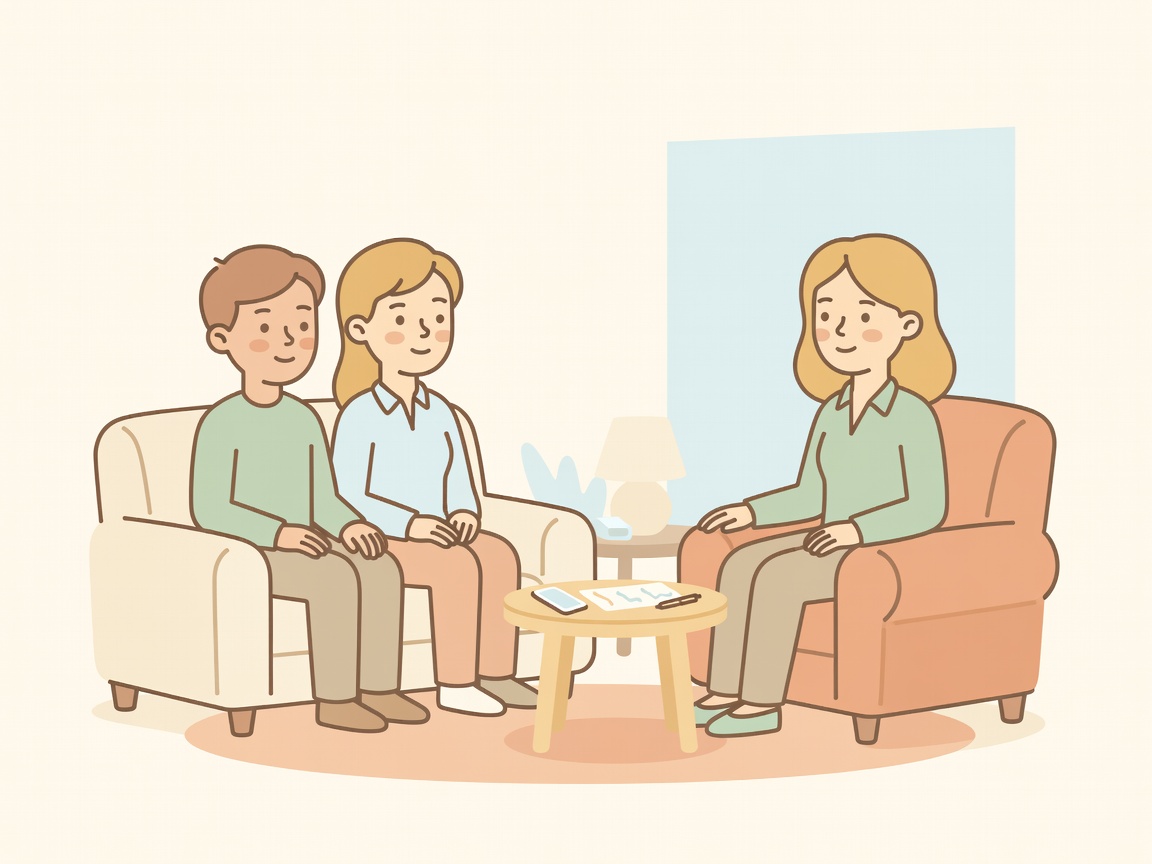 A couple sitting with a therapist in a warm office