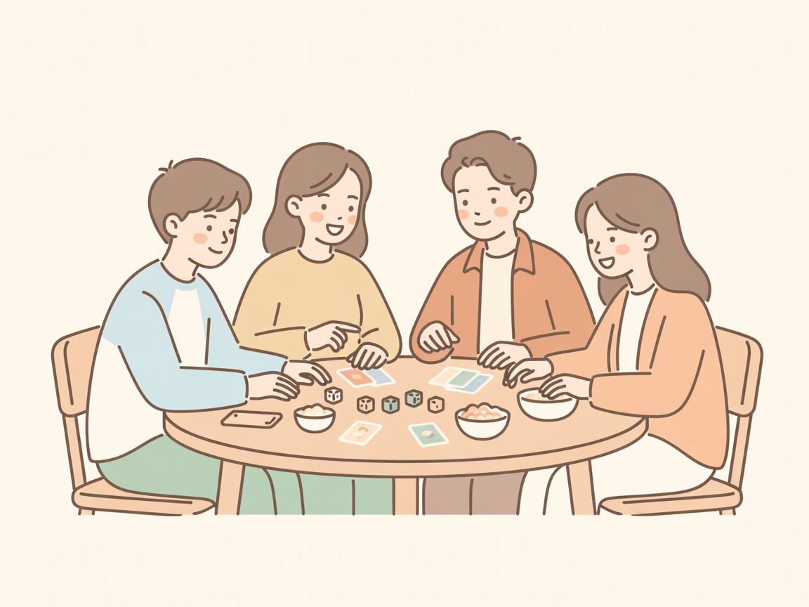 Friends gathered around a tabletop game with dice and character sheets