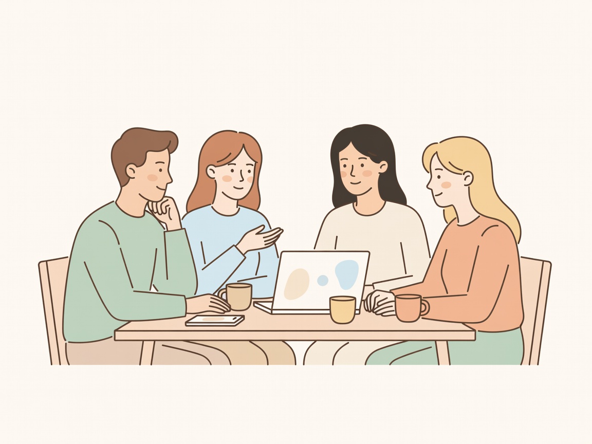 A small team meeting around a table at a casual offsite